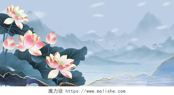 蓝色中国风山水亭子湖面云彩鸟夏天荷花展板背景